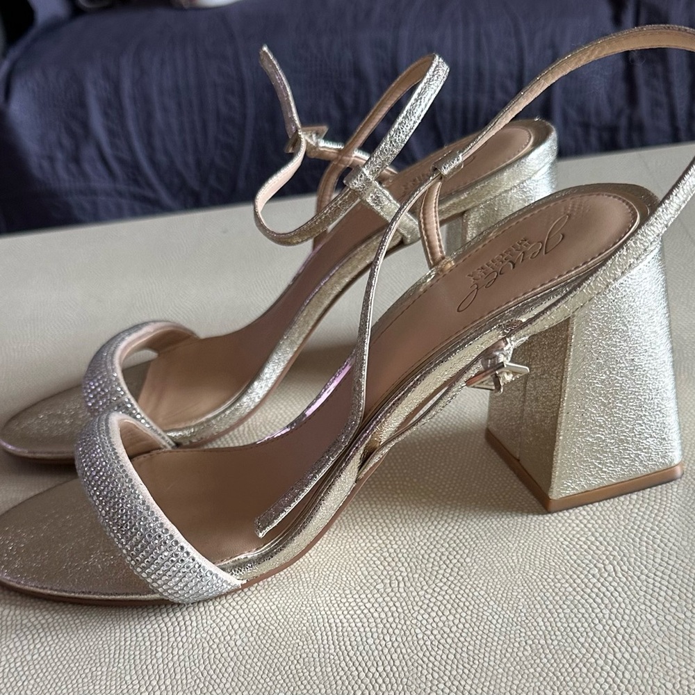 Jewel Badgley Mischka Glittering Gold and Silver Strappy Block Heel